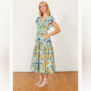 CABALLERO Susanna Cotton Eyelet Scallop Edge Midi Dress Ubud Jungle XS Pockets